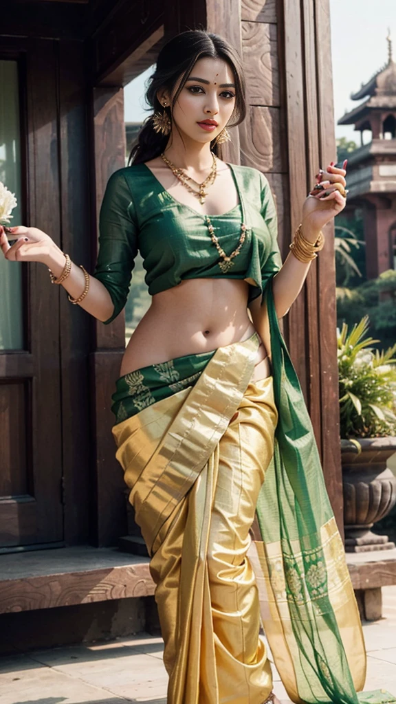 wear green designer printed Saree and blouse, a bindi on the center of the forehead, green saree and green blouse, full body covered in clothes, Indian temples in background, flower basket, very well dressed, going to temple for prayers, golden heavy jewellery, very beautiful 25 year old indian girl, full body photo, mehendi in hands, random hair style, holding Puja plate with Puja items for lord Shiva, lord Shiva temple in background, jewelry, gem, necklace, necklace set, tika, vermilion, nathiya, ear rings, mangalsutra, golden haar, gold bracelet, anklets, thick lips, holding flower basket for Puja in hand, skindentation, parted lips, full body photo from front, beautiful face, beautiful body, (detailed eyes), ulzzang-6500-v1.1, thick eyelashes, long eyelashes, random hair style, broad light, backlighting, bloom, light sparkles, chromatic aberration, sharp focus, Nikon Z 85mm, unparalleled masterpiece, ultra-realistic 8k photos, best quality masterpiece, best quality, (photorealistic:1.2), (realistic:1.5), (hyperrealistic:1.2),(photorealistic face:1.2)