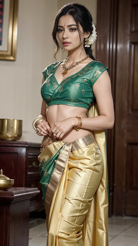 wear green designer printed Saree and blouse, a bindi on the center of the forehead, green saree and green blouse, full body covered in clothes, Indian temples in background, flower basket, very well dressed, going to temple for prayers, golden heavy jewellery, very beautiful 25 year old indian girl, full body photo, mehendi in hands, random hair style, holding Puja plate with Puja items for lord Shiva, lord Shiva temple in background, jewelry, gem, necklace, necklace set, tika, vermilion, nathiya, ear rings, mangalsutra, golden haar, gold bracelet, anklets, thick lips, holding flower basket for Puja in hand, skindentation, parted lips, full body photo from front, beautiful face, beautiful body, (detailed eyes), ulzzang-6500-v1.1, thick eyelashes, long eyelashes, random hair style, broad light, backlighting, bloom, light sparkles, chromatic aberration, sharp focus, Nikon Z 85mm, unparalleled masterpiece, ultra-realistic 8k photos, best quality masterpiece, best quality, (photorealistic:1.2), (realistic:1.5), (hyperrealistic:1.2),(photorealistic face:1.2)