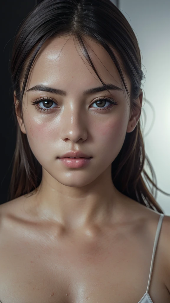 (RAW Photos, 最high quality), (Realistic, photo-Realistic:1.2), One girl, high quality, (Skin with attention to detail:1.4), Puffy eyes, (Dark Room:1.3), (Rim Light:1.3), (It's dim:1.3), (Dark Night:1.3), indoor, Portraiture, Black Hair, Dark Background, Bobcut, (BDSM, bondage, The mouth was sealed, drool dripping, Drooling), Numbness, Cleavage, sexy bra, 8k, Realistic, 胸にDrooling, Realistic eyes, Drooling, Wet, Muzzle Harness, Respiratory control, Breath Play, torture, Horror, collar, Arms tied, Hanging, Beggar's eyes,