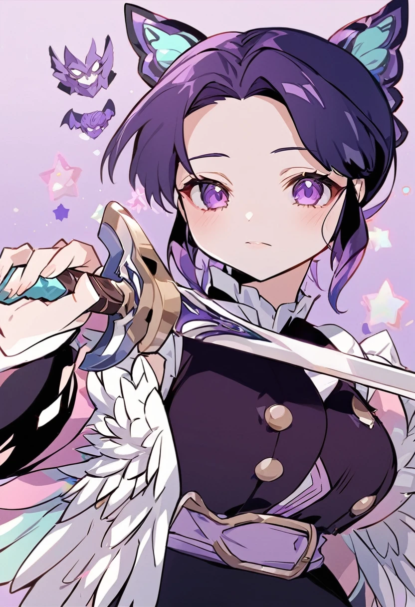 anime girl with purple hair and wings holding a sword, demon slayer rui fanart, shalltear from overlord, demon slayer artstyle, detailed fanart, shalltear bloodfallen, inspired by Okumura Masanobu, maya fey from ace attorney, ehime, inspired by Nishikawa Sukenobu, highly detailed exquisite fanart