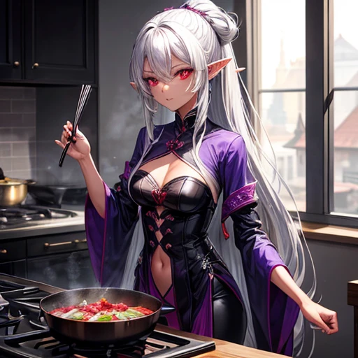 expensive、Slim figure。
- Long silver hair tied back。
- Sharp red eyes、Always keep a calm expression。
- A dark-skinned elf in gorgeous black and purple cooking attire