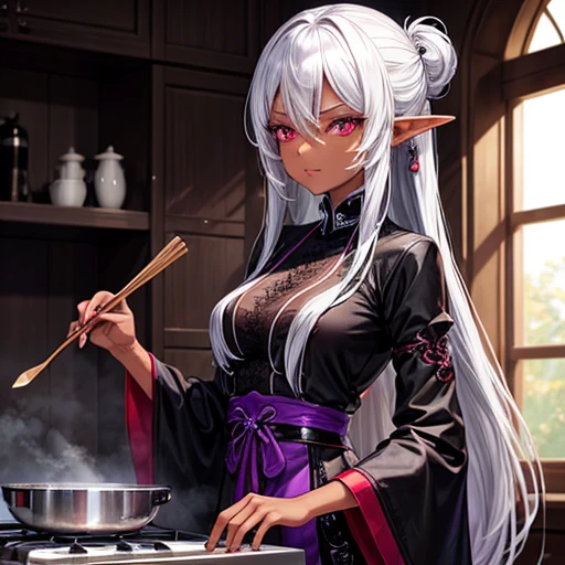 expensive、Slim figure。
- Long silver hair tied back。
- Sharp red eyes、Always keep a calm expression。
- A dark-skinned elf in gorgeous black and purple cooking attire