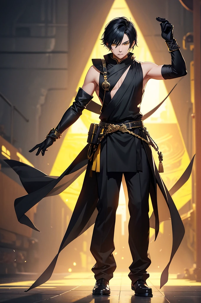 solo male, black clothing, sleeveless, Asian clothing, black hair, yellow eyes, black gloves, fantasy, full body view