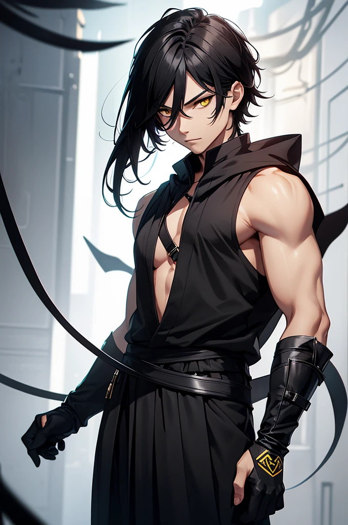 solo male, black clothing, sleeveless, Asian clothing, black hair, yellow eyes, black gloves, fantasy, full body view