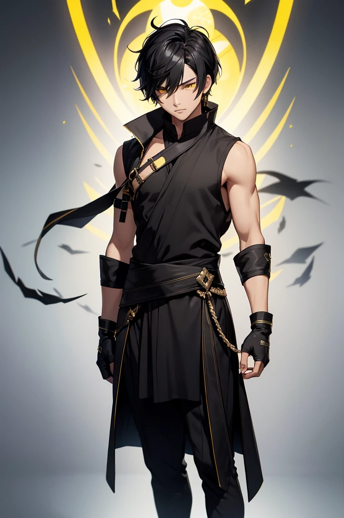 solo male, black clothing, sleeveless, Asian clothing, black hair, yellow eyes, black gloves, fantasy, full body view