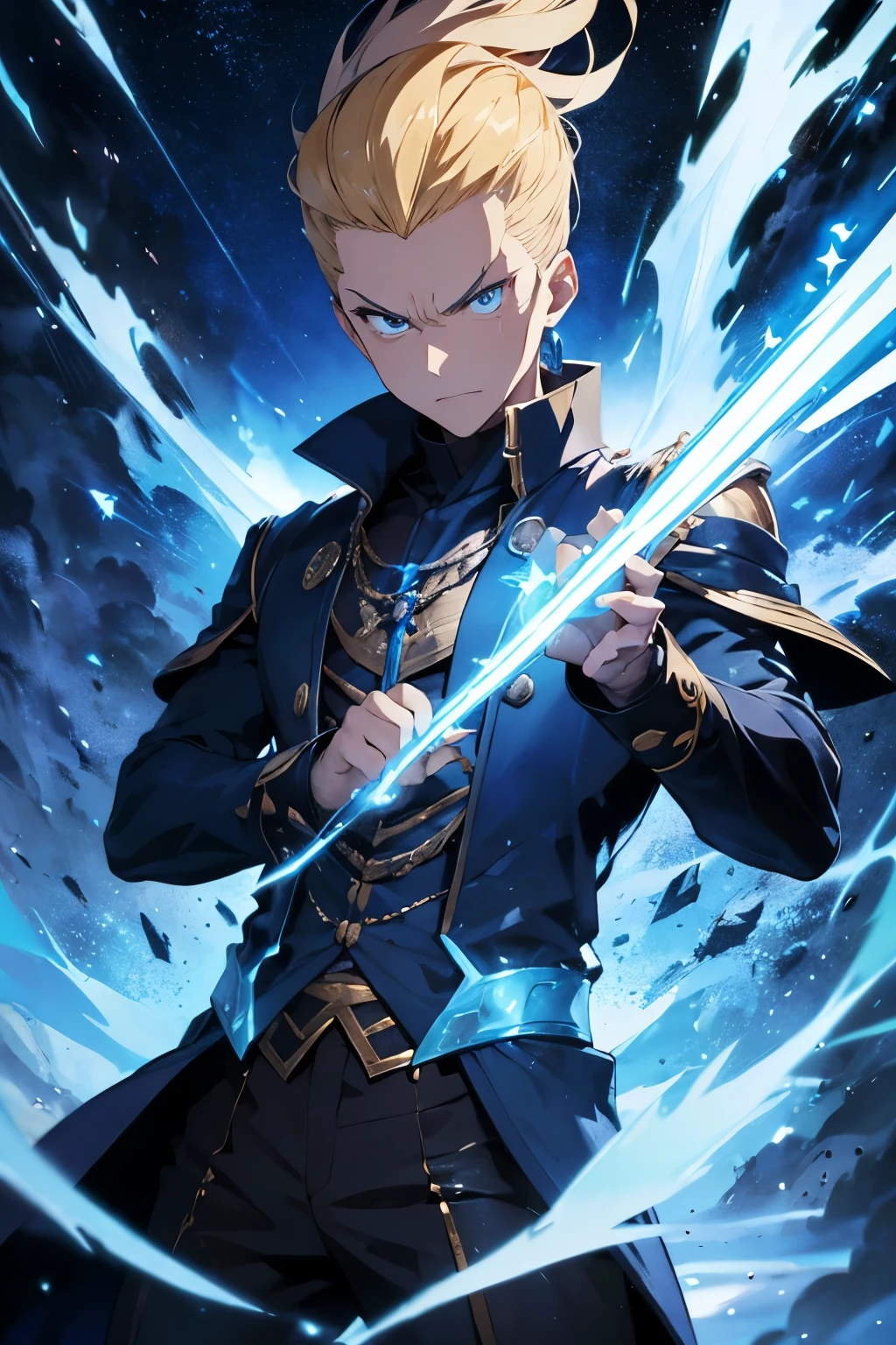 Powerful wizard with sparkling blue flames in his hands with an angry face, he has blond hair in a pompadour style, very detailed and very bright blue eyes, his clothes are high-ranking sorcerer style clothes 