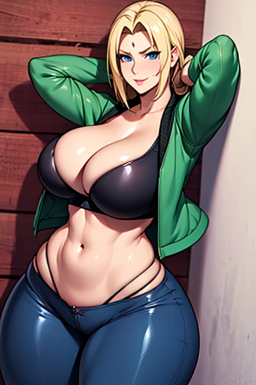 4k, masterpiece, high resolution, 3D art style, Tsunade Senju, 1girl, ((bimbo))), detailed face and eyes, beautiful face, detailed hand, blond hair, blue eyes, thick lips, erotic smile face, face, slender hips, thick thighs, thick, huge and droopy breast, huge round ass, oily shiny skin, black crop top and hot pant, jacket, hot pant, cleavage, pushing against the wall, hands on the wall, body bending forward, view from her back