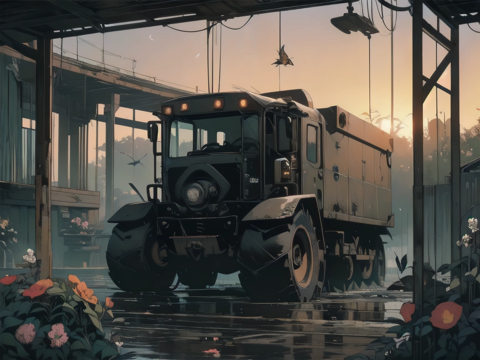 Detailed Machinery、Abandoned Factory、Atrium、(((Black flower garden)))、(((Rusty heavy equipment)))、Gorgeous light leaks、(((Sunset)))、fog、Detailed Background、Highest quality、(((No humans)))、Broken heavy machinery、Complex heavy machinery、Faint lighting、(((Fluttering black petals)))、sunset、(((Dull colors)))、(((Rusty detailed heavy machinery)))、(((Many black flowers fly)))、(((Heavy machinery covered in flowers)))、(((Lots of butterflies)))、(((Abandoned Garage)))、(((Submersion)))、(((waterfall from the ceiling)))