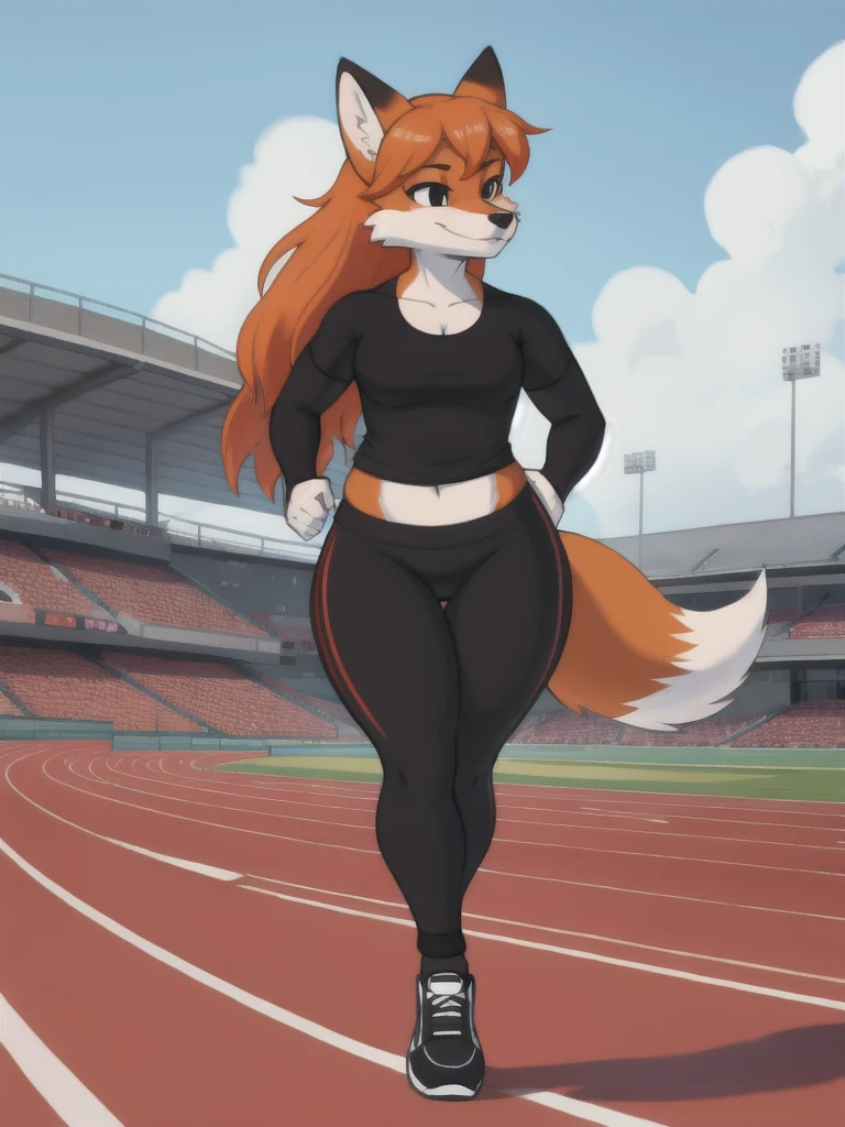 Furry, fox, female, black shirt, black leggings, shoes, running track, solo, full body