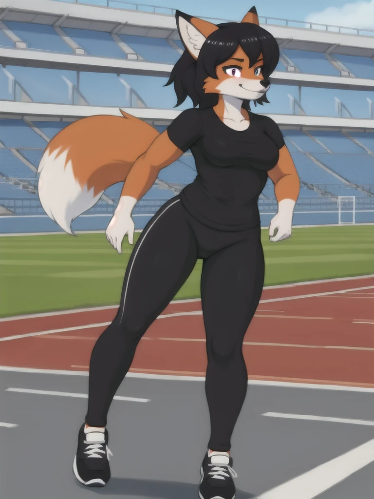 Furry, fox, female, black shirt, black leggings, shoes, running track, solo, full body