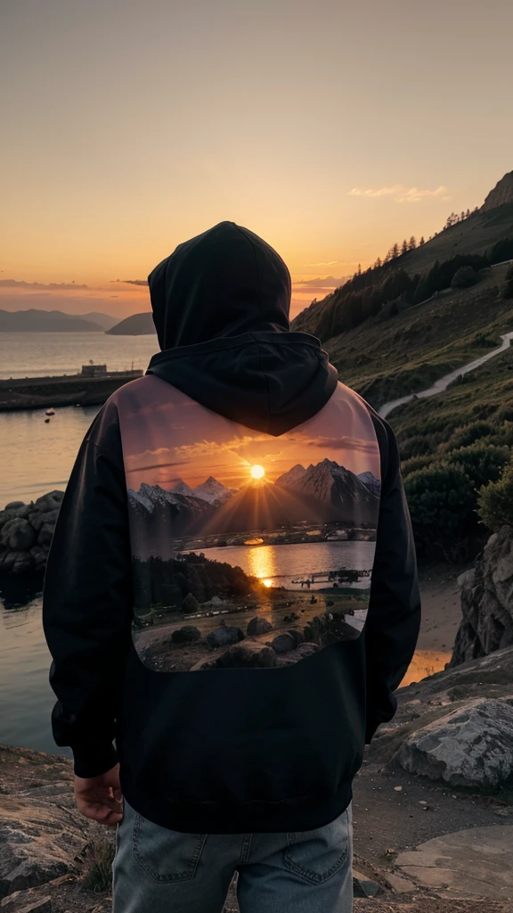 mountain view with sunset, realistic, 8k darklight, boy Hoodie watching sunset, Scenery of sunset and dusk by the seaside, lake