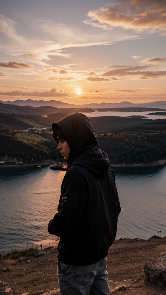mountain view with sunset, realistic, 8k darklight, boy Hoodie watching sunset, Scenery of sunset and dusk by the seaside, lake