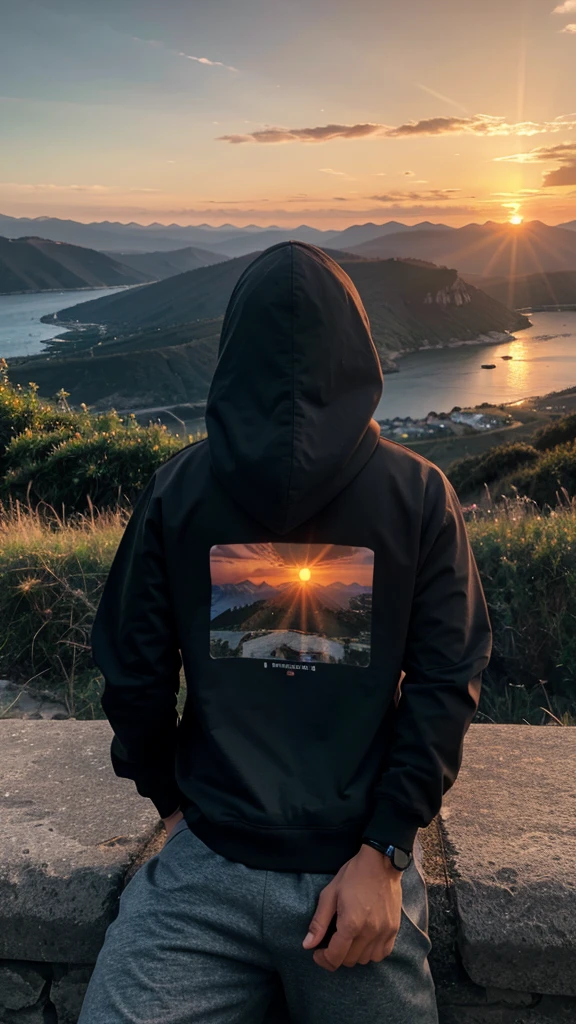 mountain view with sunset, realistic, 8k darklight, boy Hoodie watching sunset, Scenery of sunset and dusk by the seaside, lake