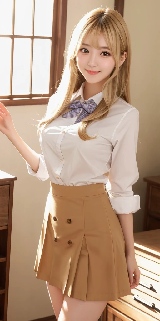 ( masterpiece, Highest quality), 8k,A beautiful Japanese woman,,20-year-old, Small face,(Cute Face:1.2),smile, Large breasts, ,Beautiful and detailed, Evenly spaced 1.2, Blonde Long Hair,（Random Hairstyles）,、Highest quality、High resolution、Tabletop、wallpaper、Realistic、Bright lighting、mini skirt、Uniform in the classroom、mini skirt、whole body、Waistline、Great style、Professional Lighting、Face Light、Smooth lighting、Japanese women、Adult、Beautiful woman、action、gravure、sexy、The bountiful valley、so beautiful、Beautiful Skin、Beautiful and detailed、Detailed face、slim、moderately、Blonde Long Hair、Brown eyes、