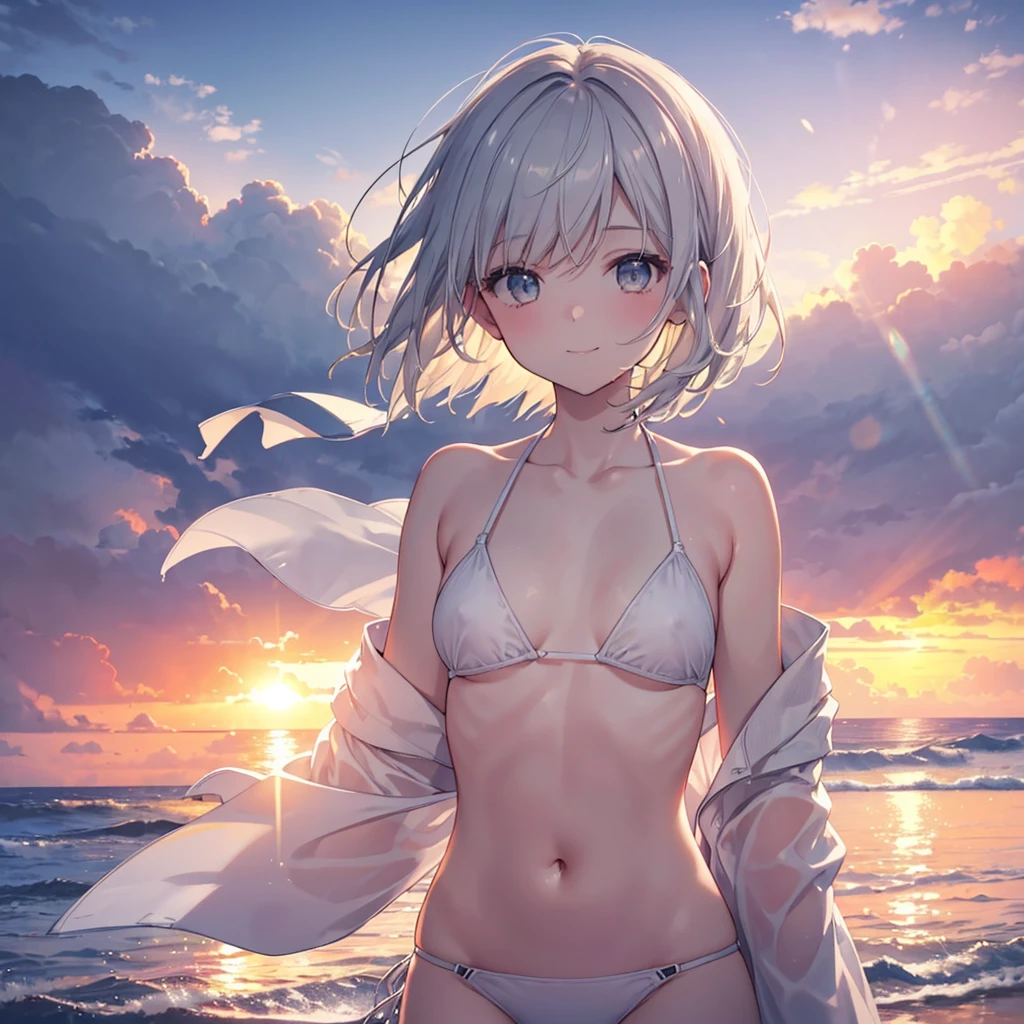 (Sunset Scene, Soft lighting, High saturation):1.4, Vivid lighting, Enchanting elegance, Atmospheric Depth, Great technology, Naturalistic representation, Harmonious composition, Creative refinement, Striking contrast, (One beautiful girl), smile, White Bikini, Expose, Short gray hair ,Volumetric Fog, Outdoor, Backlight, Ocean, Small breasts, Nipples are pinched