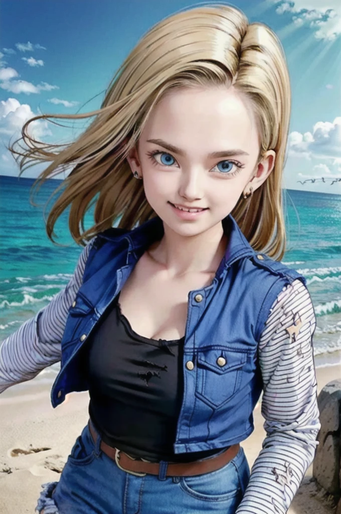 android 18,blonde hair, Long Straight hair, blue eyes, vest, black shirt, long sleeves, denim jacket, looking at viewer, smile Face, close up portrait, outside, beach, ocean, blue sky, high quality, masterpiece,  sexy body, perfect breasts, slightly torn shirt on the chest