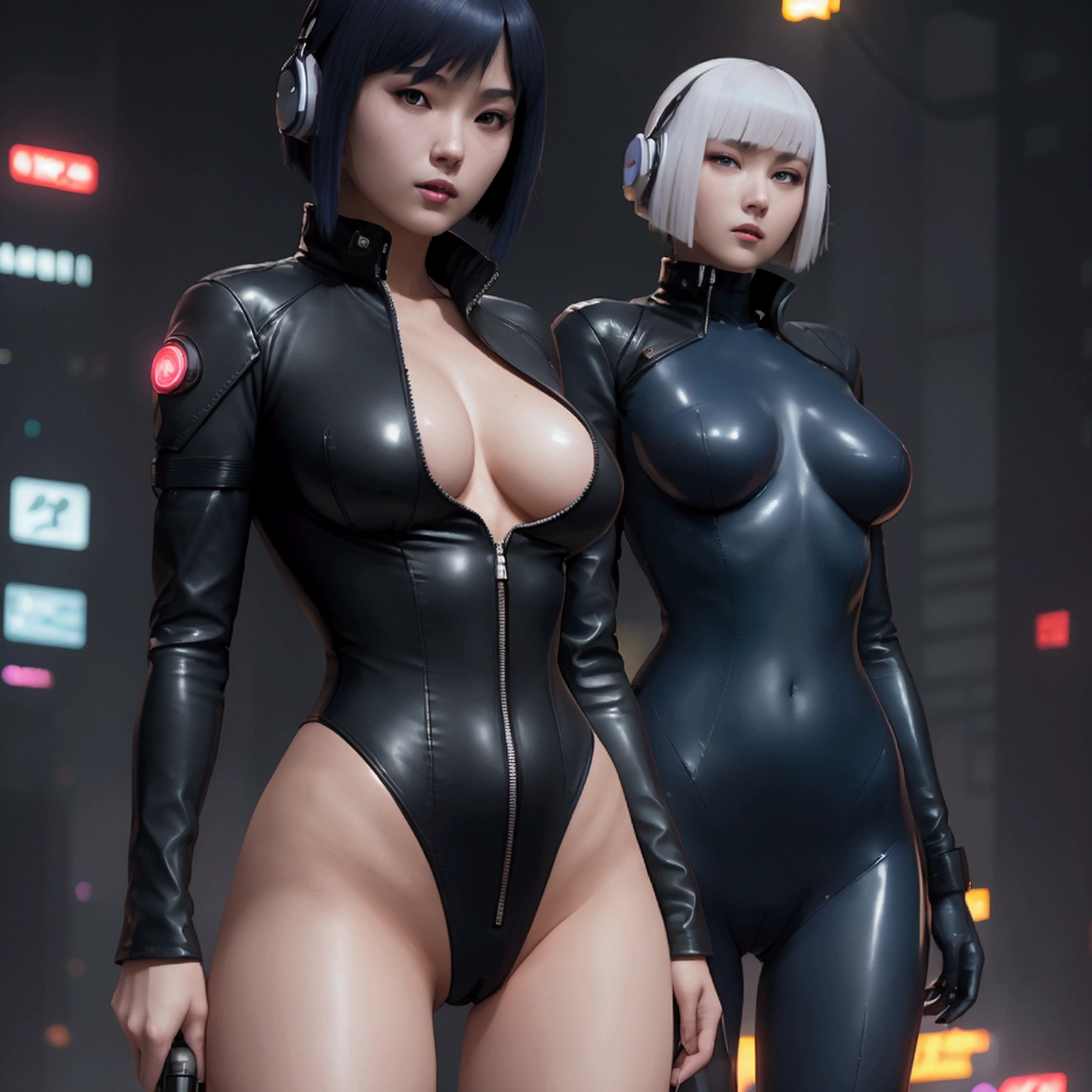 High resolution photo of a woman、Beautiful woman in a bare-chested white leotard、Dark blue bob hair、bangs、stockings、High heel boots、Holds a gun from the future、Black leather jacket、ghost in the Shell、Motoko Kusanagi、City of the Future、