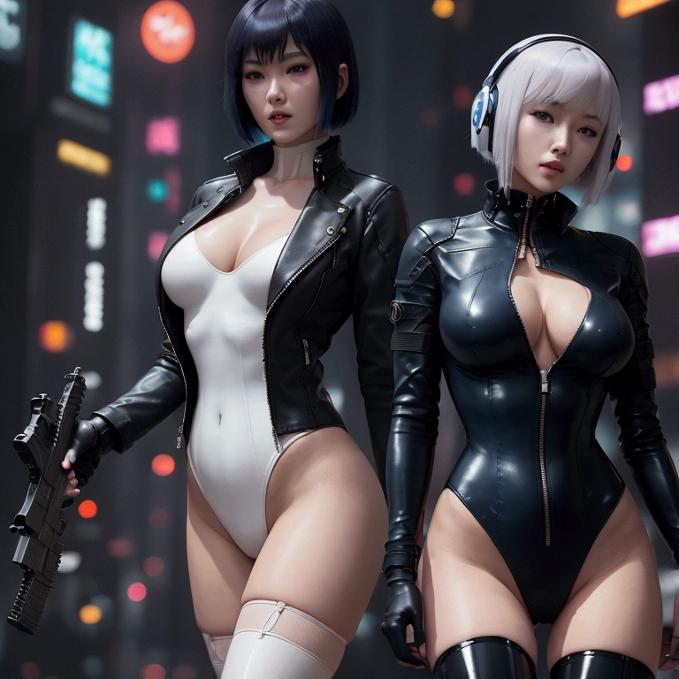 High resolution photo of a woman、Beautiful woman in a bare-chested white leotard、Dark blue bob hair、bangs、stockings、High heel boots、Holds a gun from the future、Black leather jacket、ghost in the Shell、Motoko Kusanagi、City of the Future、