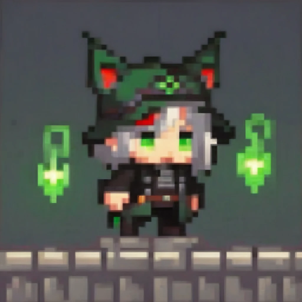 A chibi male character in dark green and black rogue attire from a fantasy stealth game, wielding dual daggers. He has cat ears and a tail, glowing red eyes, and curved demon horns. His daggers are imbued with a poison effect, and he is in a dynamic leaping pose. The scene features cinematic lighting and moody colors, in a detailed digital art, concept art style.