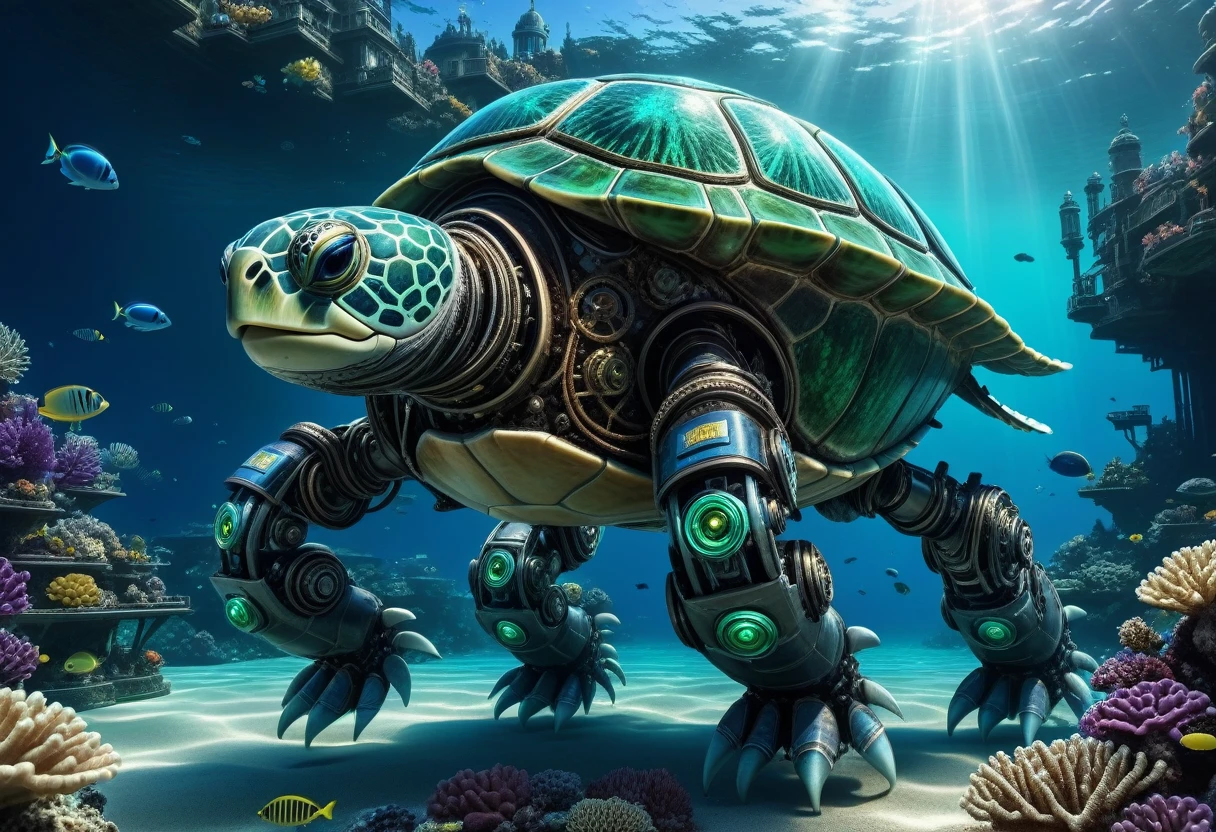 a huge android robot turtle, carrying a futuristic underwater city on its back, detailed mechanical exoskeleton, intricate gears and joints, advanced technology, underwater sci-fi landscape, bioluminescent coral reefs, shimmering blue-green ocean, dramatic lighting, photorealistic, 8k, cinematic composition, digital art, concept art