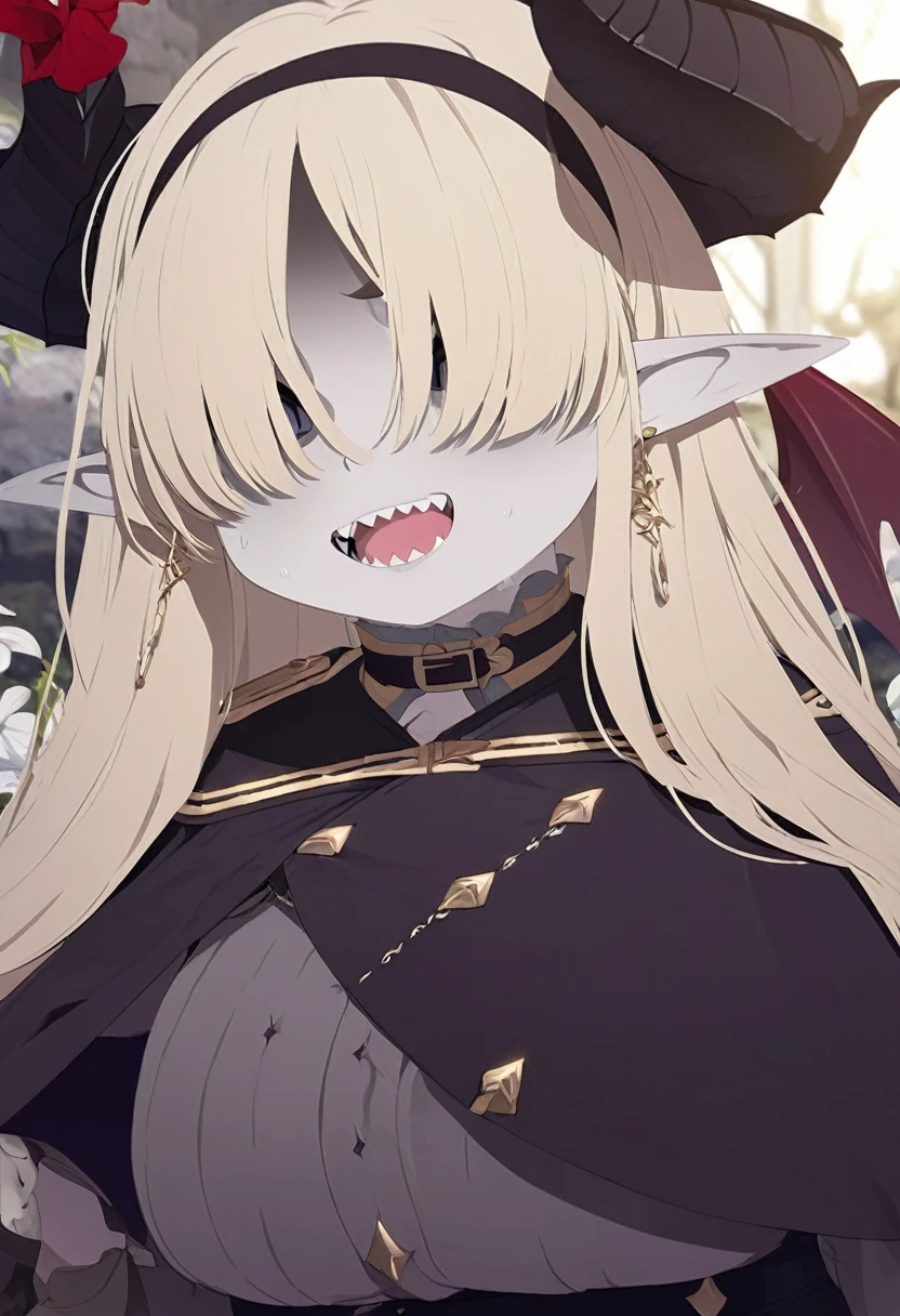 Rosto detalhado, grandes olhos, sharp teeth, hair over eyes, hairband, demon horns, demon wings, long hair, pointy ears, elf, earrings, capelet,long sleeves, parted bangs, flower, striped, very chubby, 8k, hd, hdr, grey/gray skin, grey sclera, long blonde hair, white iris, demon horns, makeup