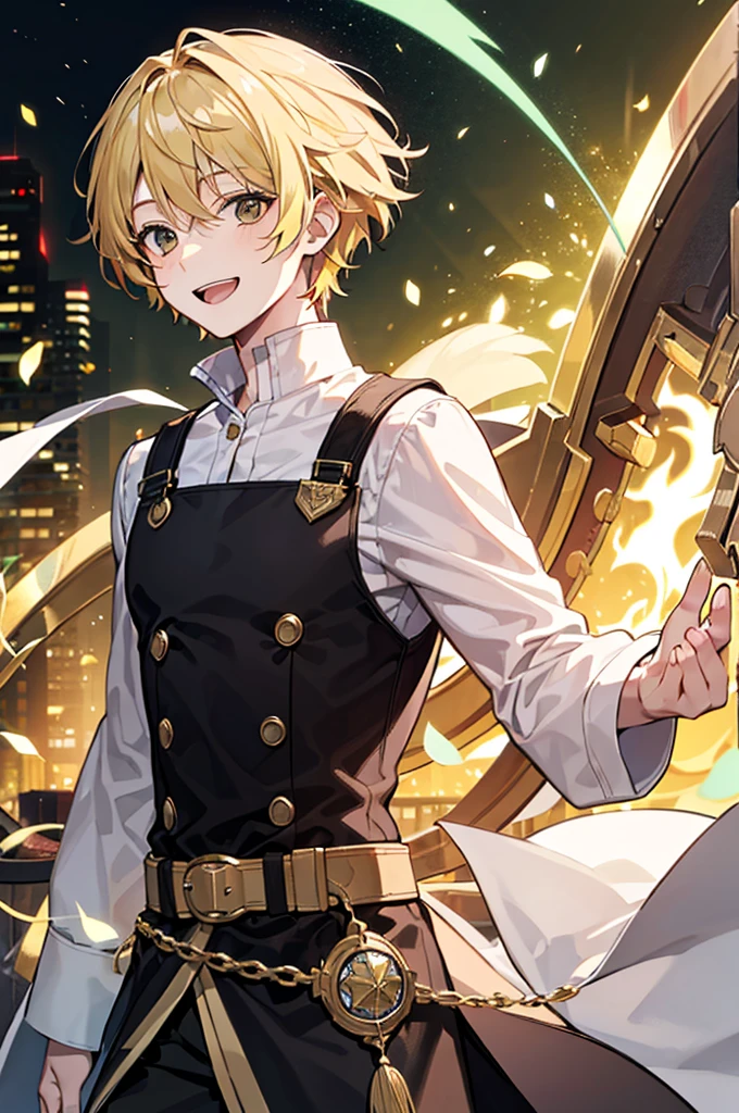 Man Magician Blonde Hair Green with Black Tunic Brown Eyes Cheerful Responsible