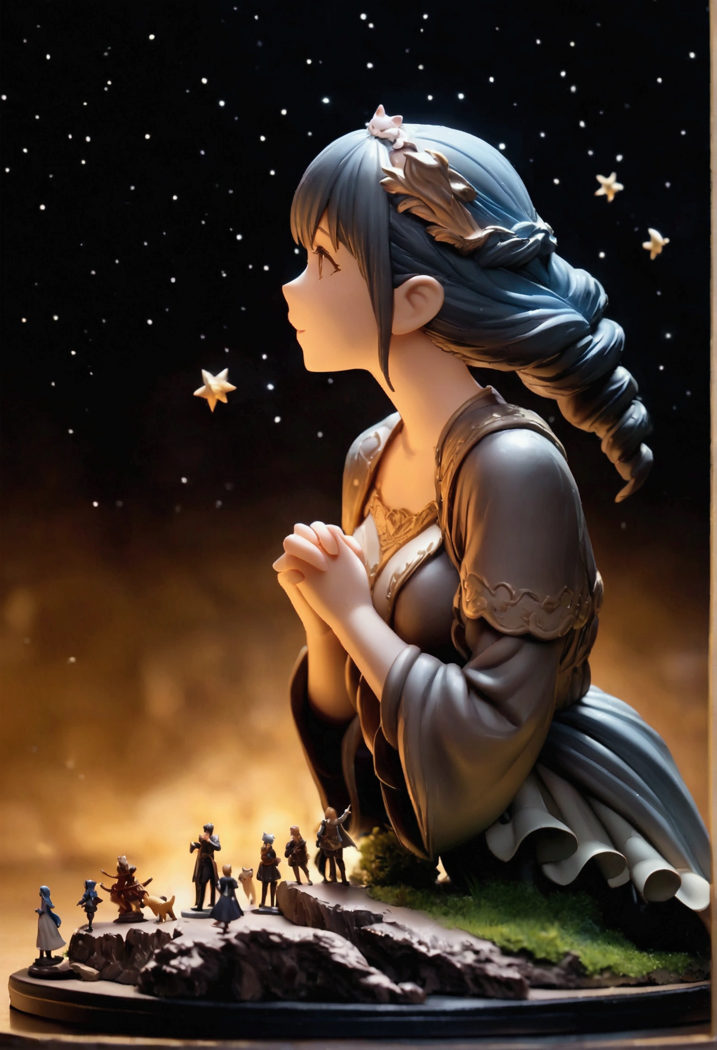Kitten makes a wish at a star, profile, Put your hands together and look at the starry sky, Fantasy World, figure, Best image quality