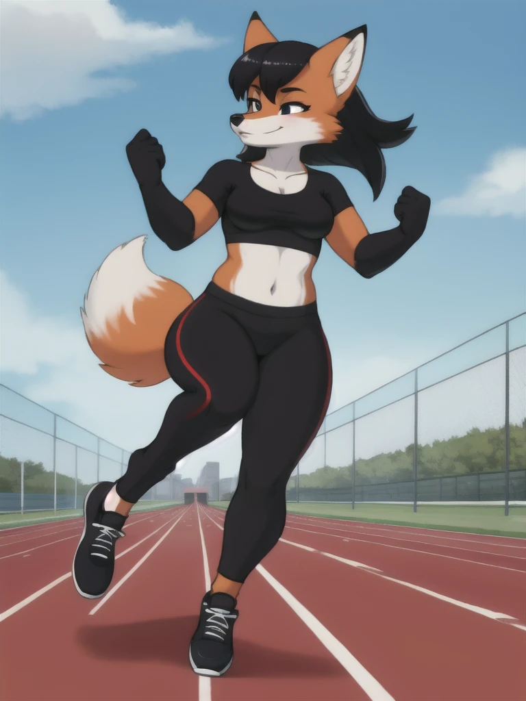 Furry, fox, female, black shirt, black leggings, shoes, running track, solo, full body