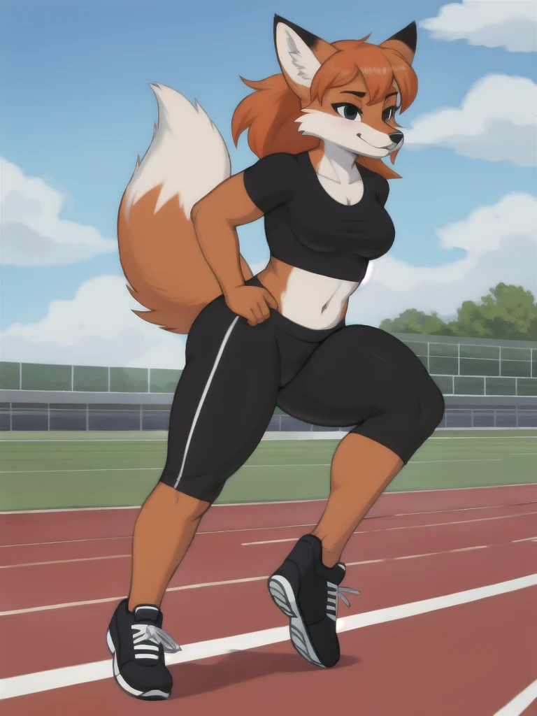 Furry, fox, female, black shirt, black leggings, shoes, running track, solo, full body