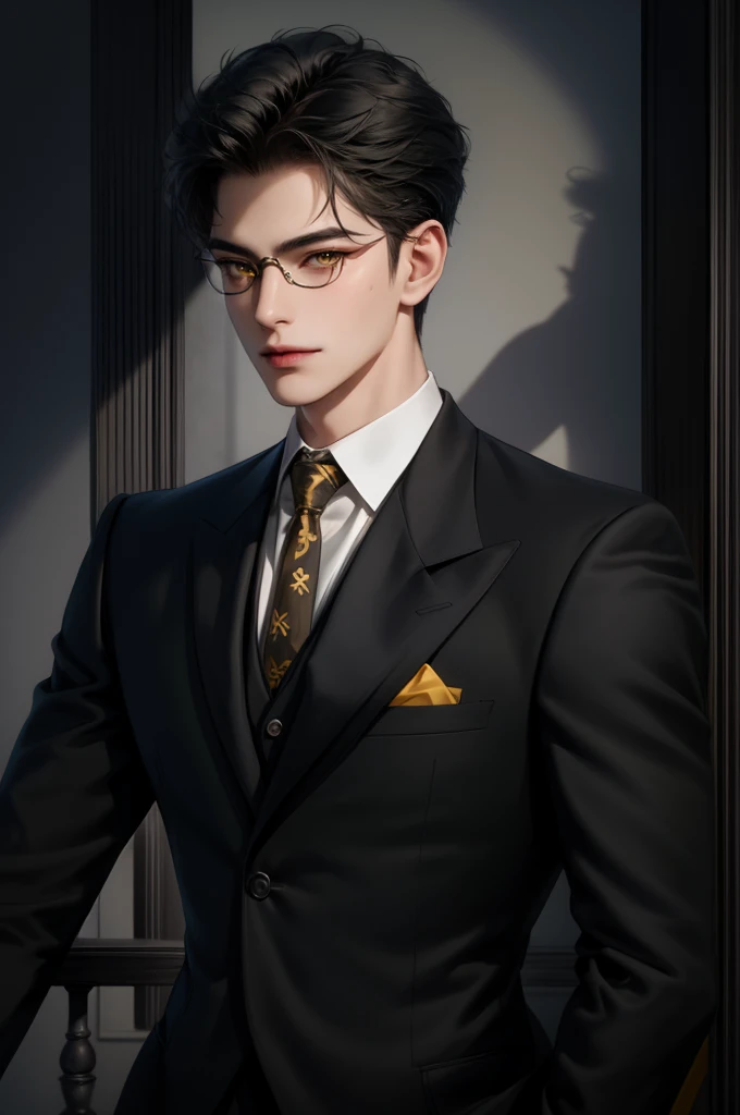 (masterpiece,best quality,ultra_detailed,highres,absurdres) (detailed shadow) (quality light),1 mature male, 21 years old, korean male focus, solo, black hair, (yellow eyes), city background, full body, looking at viewer, parted lips, round eyewear, (wearing black suit with tie), (wearing thin glasses), showing a bit of muscles, smirk smile face.
