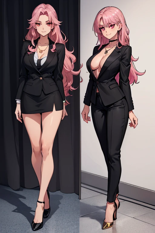 female, silver messy long hair, red eyes, tanned skin, (((1girl))), (((black blazer))), (pink shirt), (black dress pants), (black heels), (necklace with gold pendant), cute and sexy, full body, big breasts, long legs, smiling, cleavage