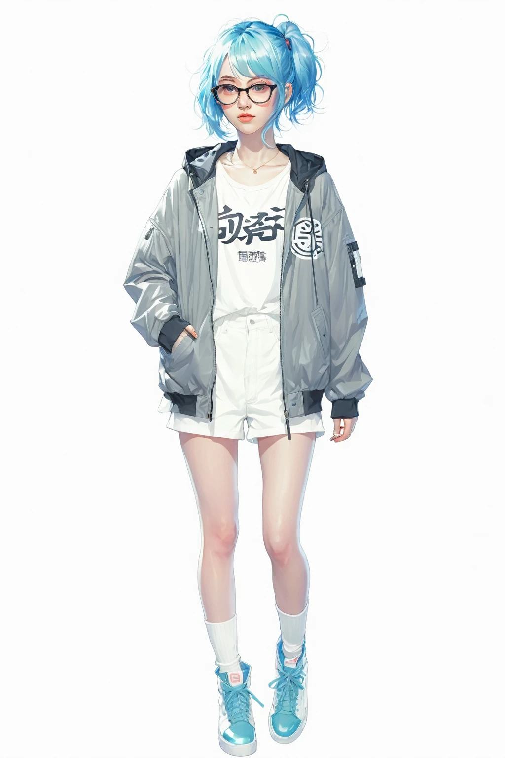 anime girl with blue hair and glasses in a white shirt and black jacket, guweiz, artwork in the style of guweiz, she is wearing streetwear, ross tran style, kantai collection style, street clothes, full body illustration, full body portrait of a short!, anime full body illustration, clothing concept, clear outfit design, cyberpunk anime girl in hoodie