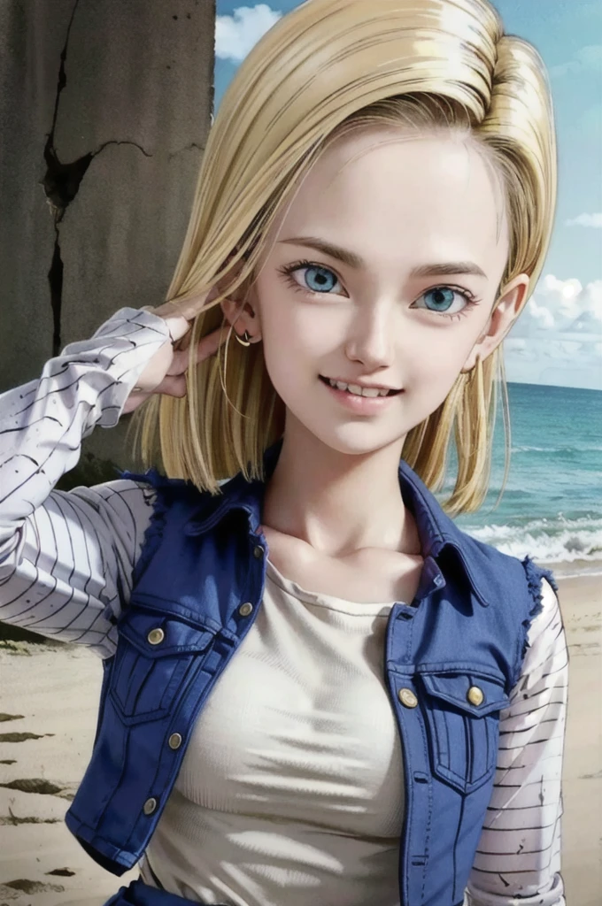 android 18,blonde hair, Long Straight hair, blue eyes, vest, black shirt, long sleeves, denim jacket, looking at viewer, smile Face, close up portrait, outside, beach, ocean, blue sky, high quality, masterpiece,  sexy body, perfect breasts, slightly torn shirt on the chest