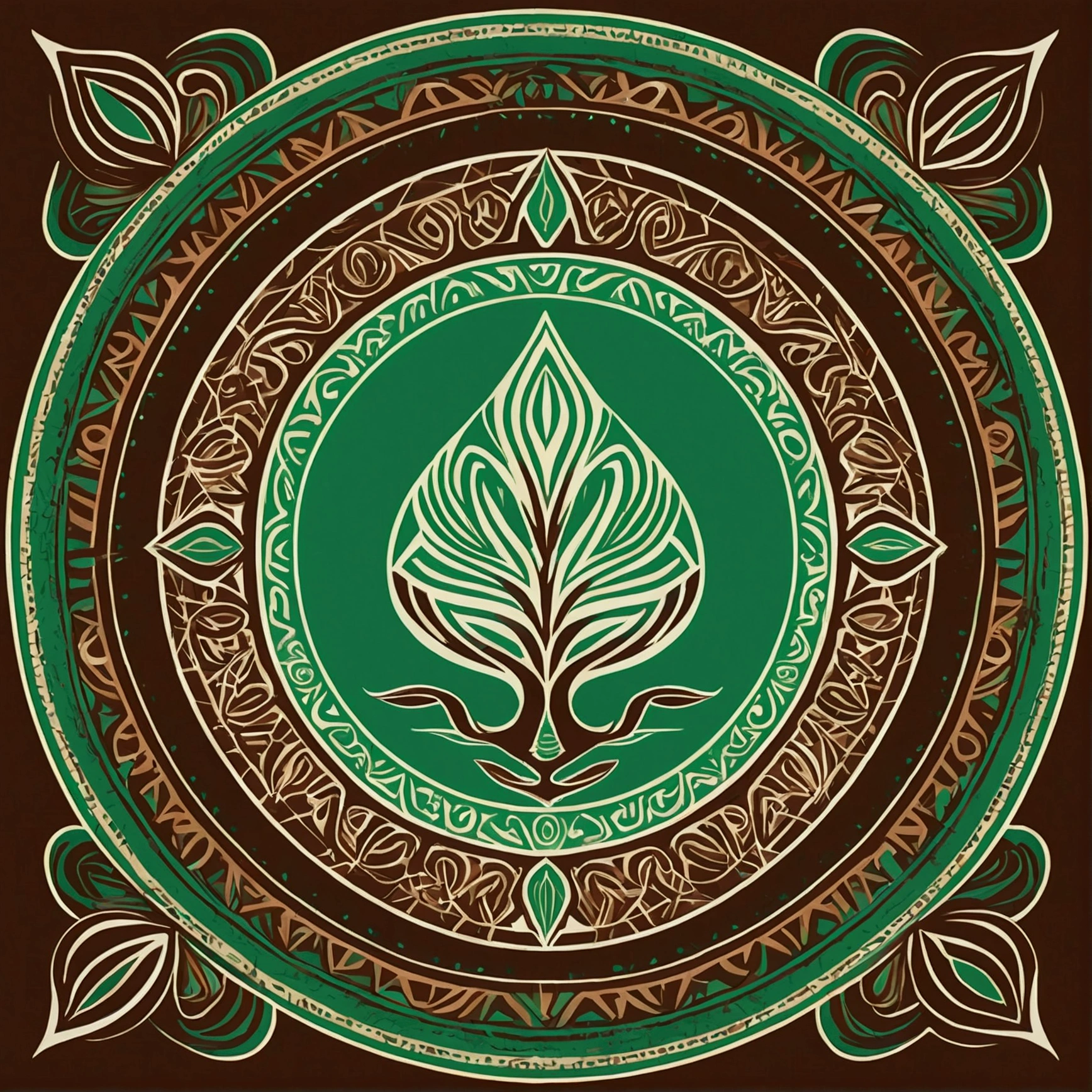 "Tribal, vector; Complementary color palette (brown, green). Design with the word 'Roots' in a 'tribal font'. Add a design of ethnic patterns and tribal symbols around the word. Surrealist style, synthwave: vector, central composition, simple background.::2 mockup::-2 --upbeta --ar 1:1."