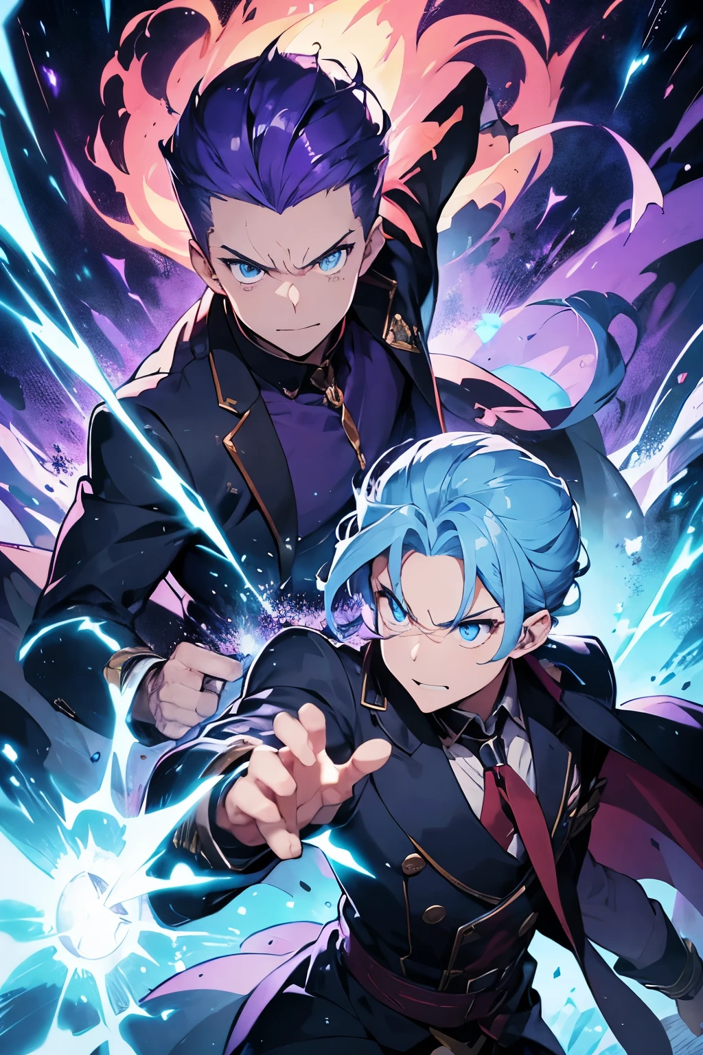 Powerful wizard with sparkling blue flames in his hands with an angry face, he has blond hair in a pompadour style, very detailed and very bright blue eyes, his clothes are high-ranking sorcerer style clothes, his entire body, he is a forest, fighting with another high-ranking wizard. scale purple hair purple eyes very detailed and shiny with an expression that would have the power of purple lightning in their hands muscular with clothes that are not glued both are throwing lightning at each other these two people are battling each other they are two men in hand-to-hand combat body
