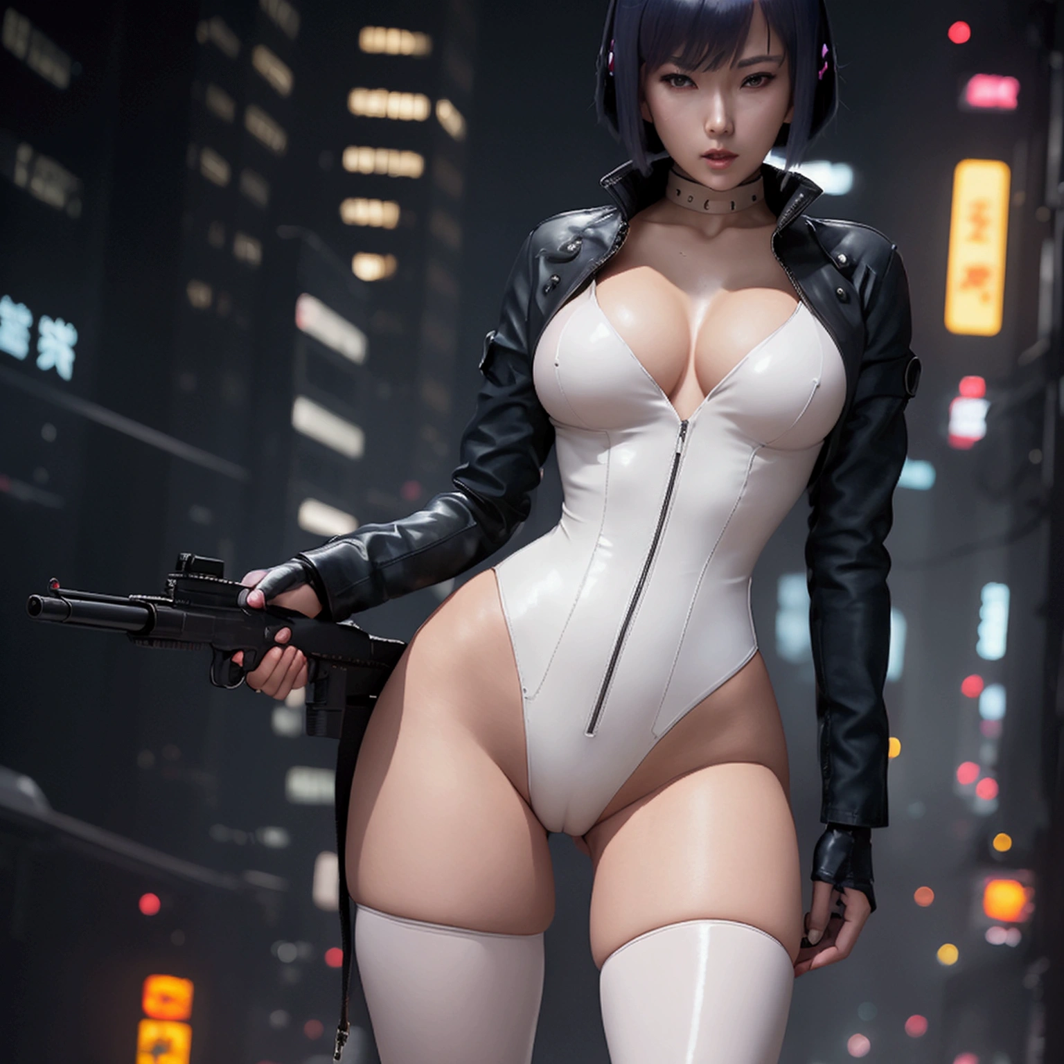 High resolution photo of a woman、Beautiful woman in a bare-chested white leotard、Dark blue bob hair、bangs、stockings、High heel boots、Holds a gun from the future、Black leather jacket、ghost in the Shell、Motoko Kusanagi、City of the Future、A belt to carry a gun around your waist、