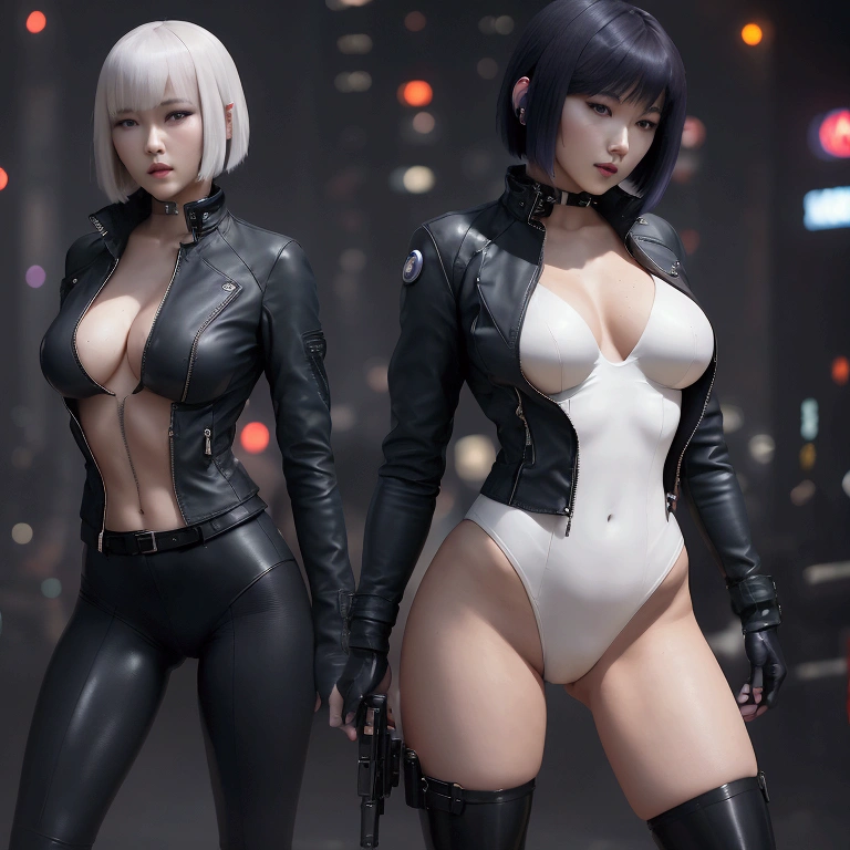 High resolution photo of a woman、Beautiful woman in a bare-chested white leotard、Dark blue bob hair、bangs、stockings、High heel boots、Holds a gun from the future、Black leather jacket、ghost in the Shell、Motoko Kusanagi、City of the Future、A belt to carry a gun around your waist、