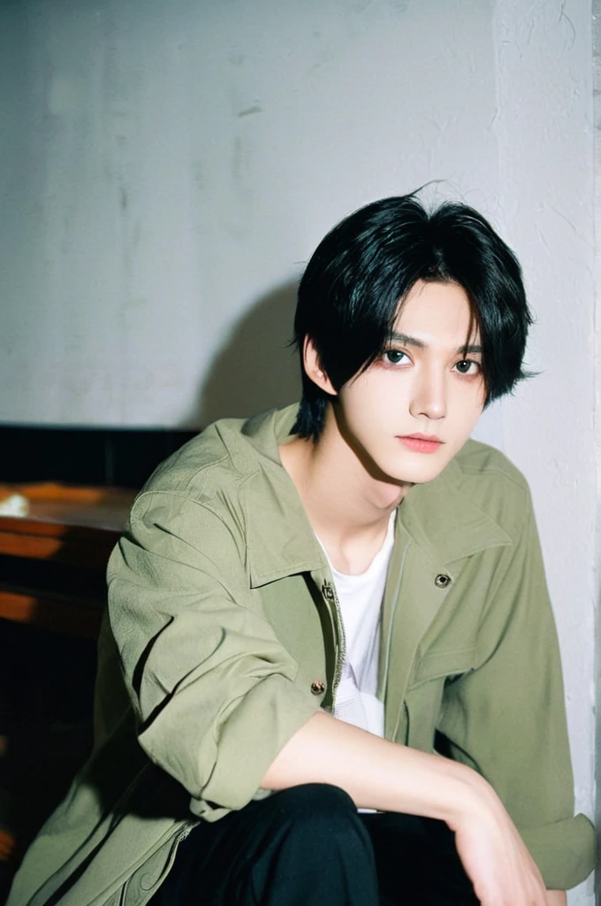 One boy、Young man with black hair(Mash Straight)((Long Hair)),With nape、Long enough to cover the earale K-Pop Idols、Levi Ackerman、Medium portrait、chop、Beautiful Model、Oval Face、Vivid、Cafe、(In a dark room)、The whole body is shown、((Full body photo))
