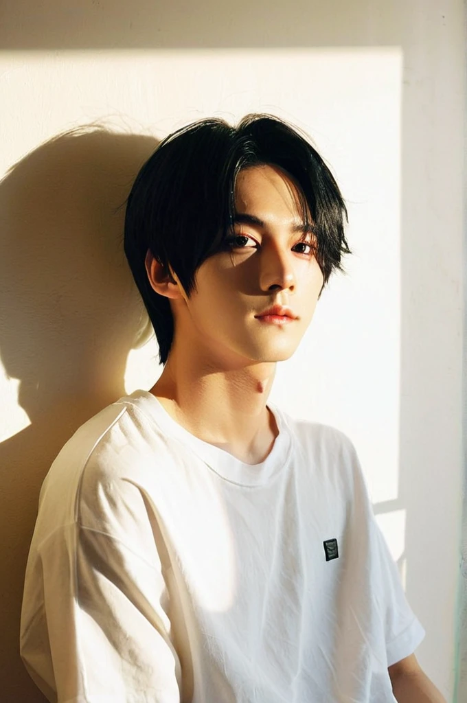 One boy、Young man with black hair(Mash Straight)((Long Hair)),With nape、Long enough to cover the earale K-Pop Idols、Levi Ackerman、Medium portrait、chop、Beautiful Model、Oval Face、Vivid、Cafe、(In a dark room)、The whole body is shown、((Full body photo))