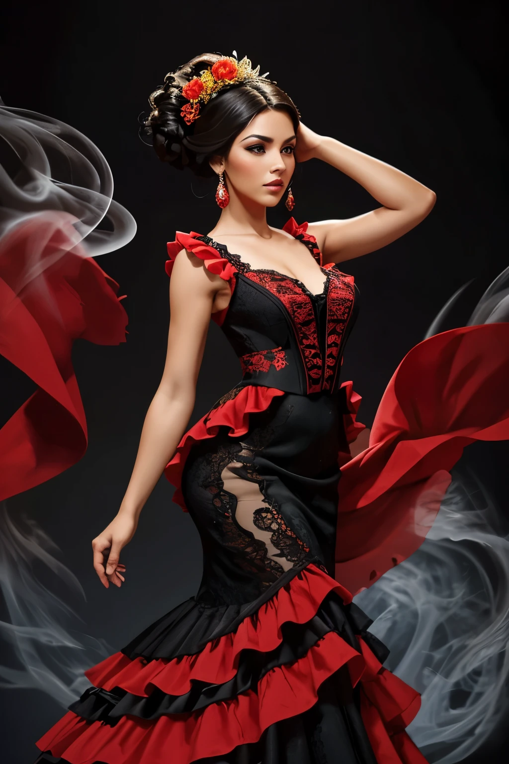 High quality full length portrait of a woman dancing flamenco. The design is vertical, capturing her dynamic pose with her arms elegantly arched above her head. She has a light skin tone and dark hair styled in an elegant updo adorned with red flowers. Her facial features are clear and expressive, with a concentrated and intense expression. She wears a black dress with intricate lace details on the bodice and her skirt features vibrant red and yellow ruffles. Her background is composed of the colors that make up her dress and seem to disintegrate into particles of smoke, which accentuates the image of her as a perfect and unique whole.