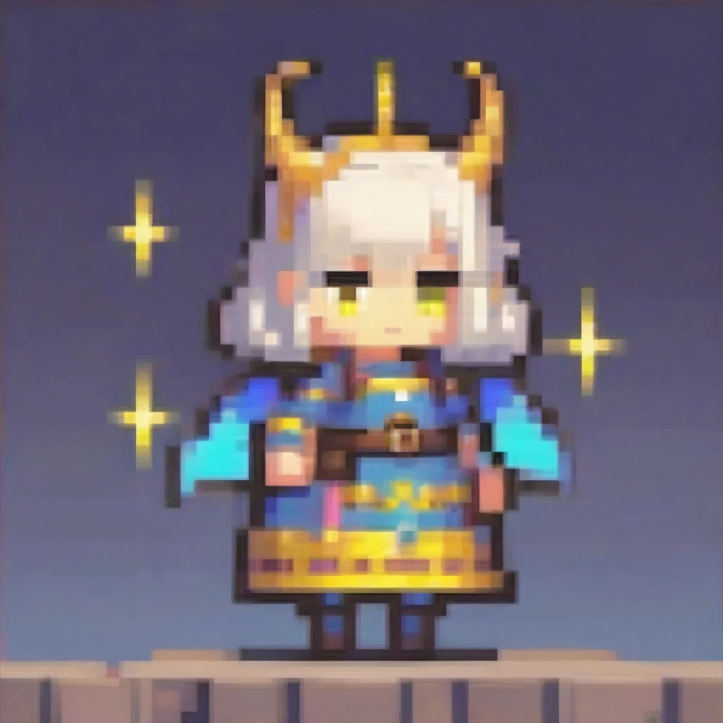 A chibi female character in vibrant yellow and blue minstrel clothing from a fantasy musical anime, holding a magical lute. She has butterfly wings and a tail, glowing pink eyes, and small dragon-like horns. The lute emits a magical light effect, and she is in a dynamic playing pose. The artwork is rendered with cinematic lighting and moody colors, in a digital art, concept art style.