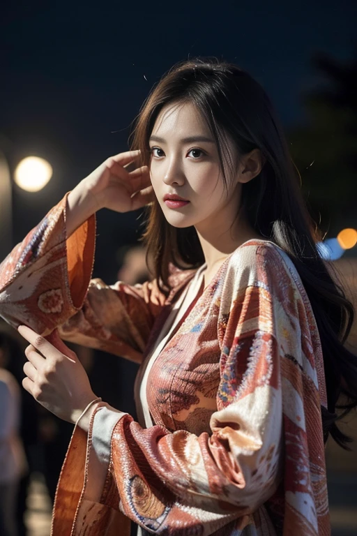 Browsing Caution, 8K Raw Photos, highest quality, masterpiece, Ultra-high resolution, Film Grain, movie, One girl, View Viewer, Natural skin texture, Realistic eye and facial details, full 唇, Lip tick, (compensate), Red eyeshadow, Smooth Long Hair,Korean beauty style,Japanese Kimono(Pink based floral pattern),smile, Close your mouth, beautiful feet, Tall Woman, skinny, slim_feet, alone, Large Breasts,Natural pose with fireworks in the background,Black Hair,Bracelet,Sandals,Night view,VIVIZ,UMJI,Korean Style,Korean,かわいいKorean,Natural Makeup,cute,Tying up your hair,Earrings,Depth of written boundary