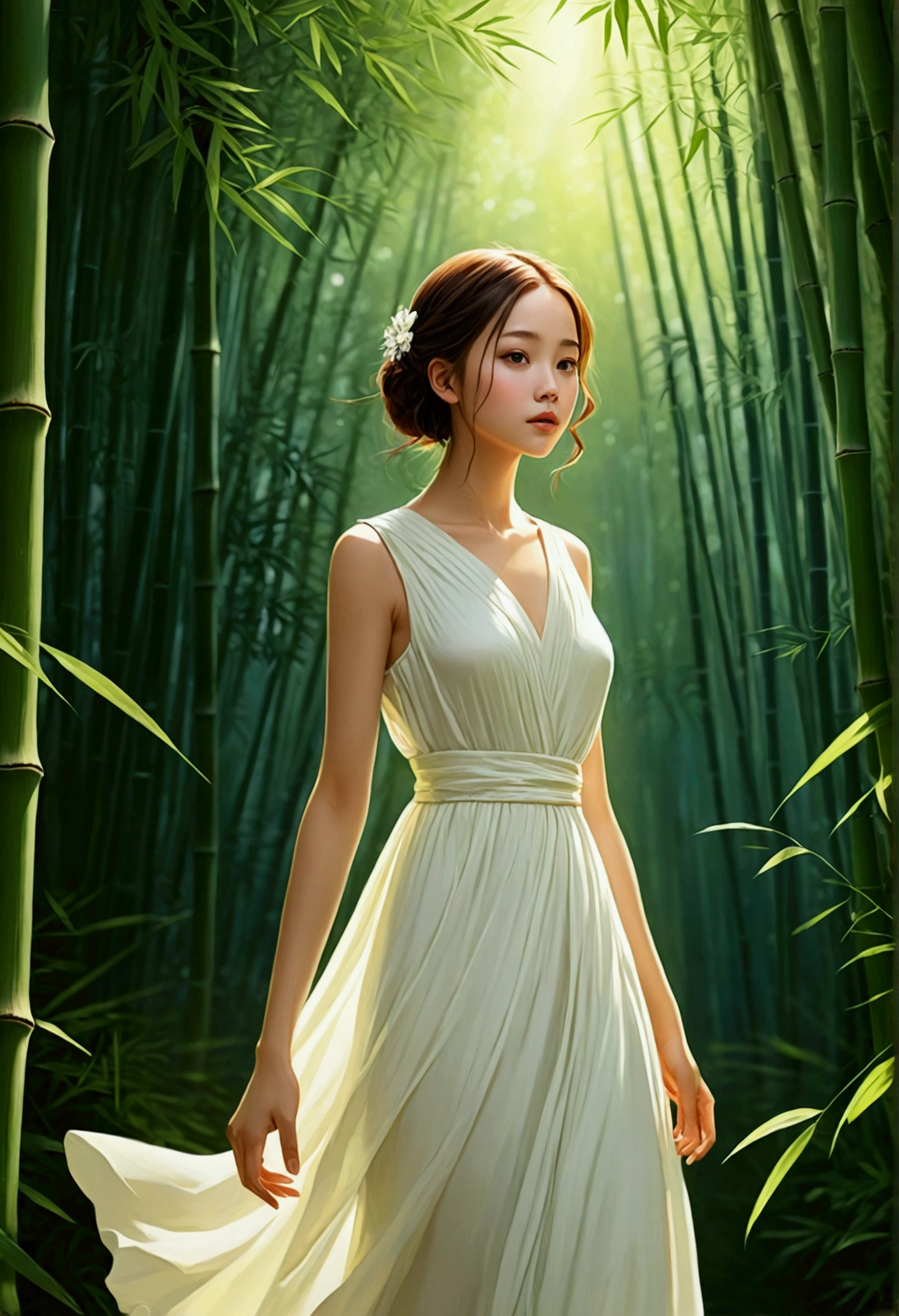 Exquisite illustration style，A girl，White Dress，firefly，Summer，bamboo forest，Dreamy atmosphere