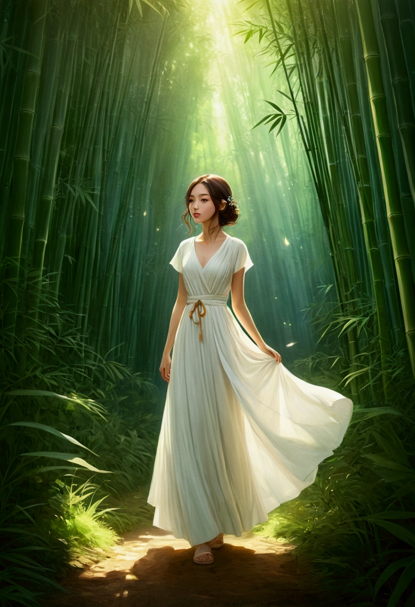 Exquisite illustration style,A girl,White Dress,firefly,Summer,bamboo forest,Dreamy atmosphere