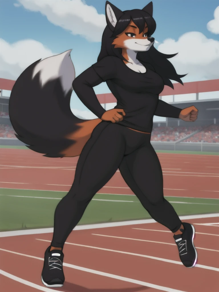 Furry, fox, female, black shirt, black leggings, shoes, running track, solo, full body