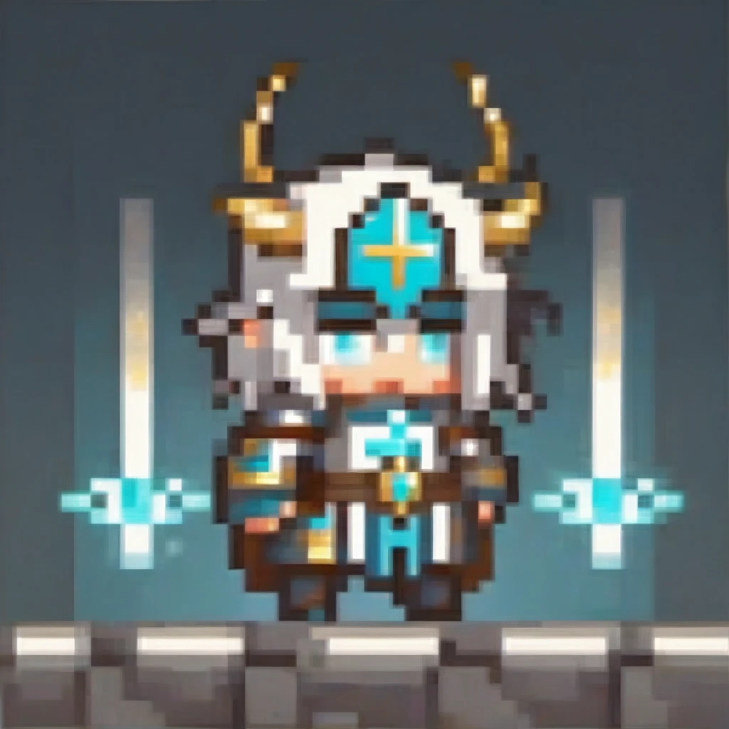 A chibi male character in white and gold holy armor from a fantasy RPG, wielding a large warhammer. He has lion ears and a mane, glowing turquoise eyes, and angelic horns. The warhammer glows with a lightning effect, and he is in a dynamic defensive pose. The scene features cinematic lighting and moody colors, in a detailed digital art, concept art style.