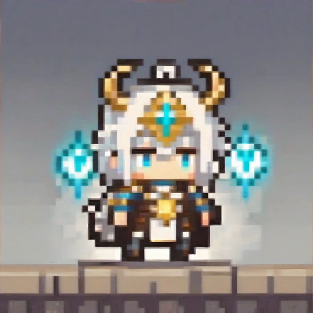 A chibi male character in white and gold holy armor from a fantasy RPG, wielding a large warhammer. He has lion ears and a mane, glowing turquoise eyes, and angelic horns. The warhammer glows with a lightning effect, and he is in a dynamic defensive pose. The scene features cinematic lighting and moody colors, in a detailed digital art, concept art style.