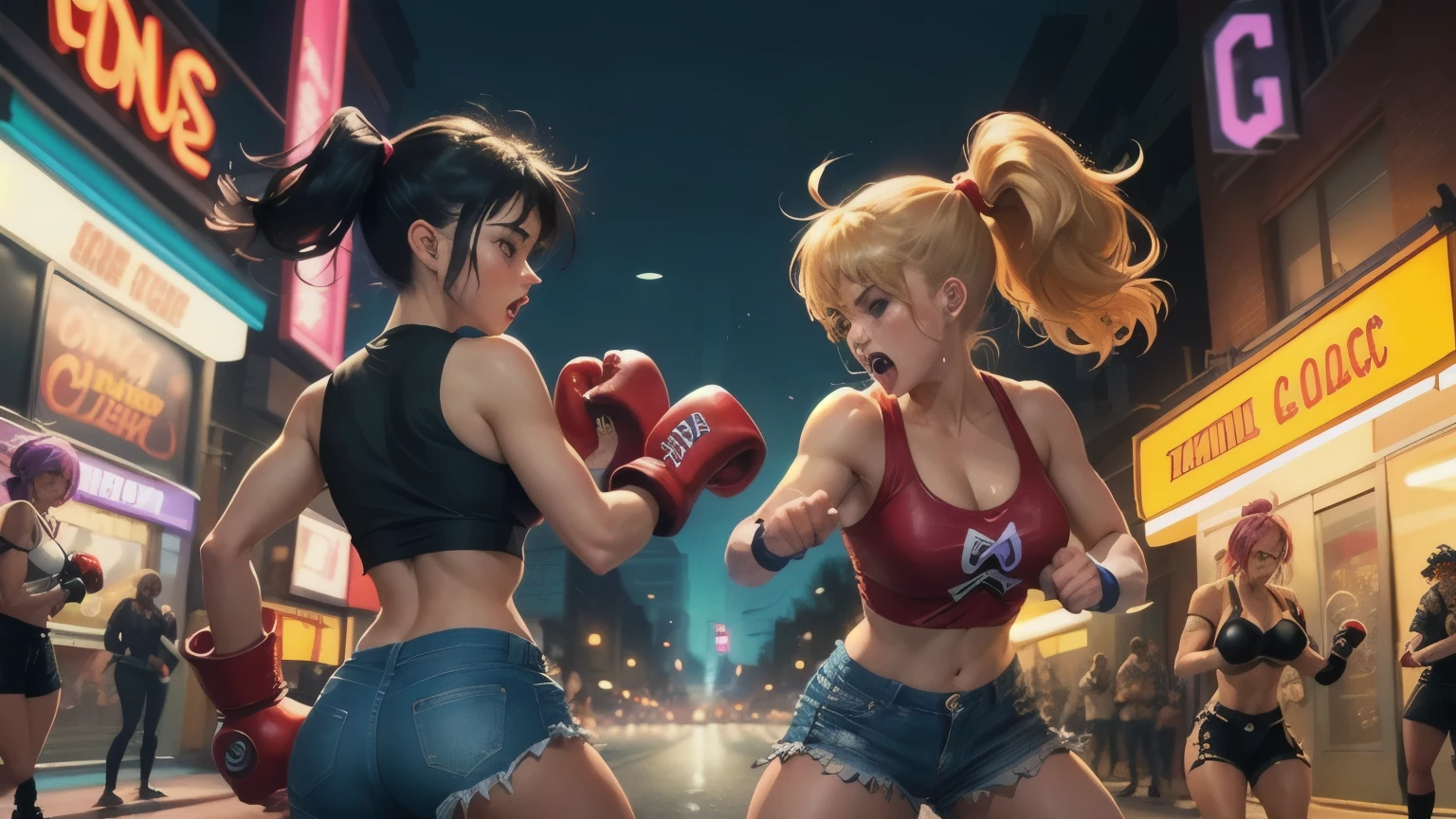 (best qualityer),(detailded), 4 girls on a dark street, fighting against lots of punks, beat n' up style, camera lateral, video game retro, neon city, fighting game, vusual retro, final fight style game, streets of rage, Anime Arcade Beat Em Up, fighting thugs, fighting mendigos, fighting punks, cute girls, kawaii, hardcore;