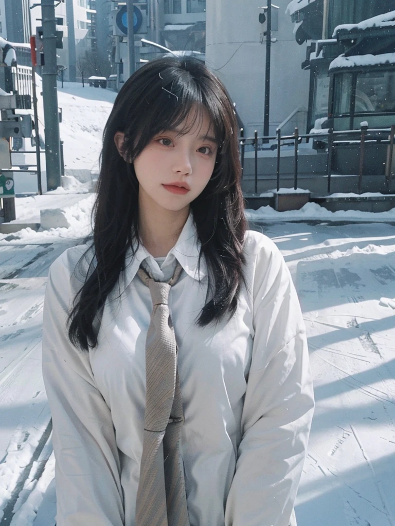 Best quality,masterpiece,Ultra-high resolution,snow,16K,Snow background,(Photo Realism:1.4),1 Girl,JK,Sexy,(Shirt and Tie:1.2),(Big breasts:1.3),(Upper body:1.4)
