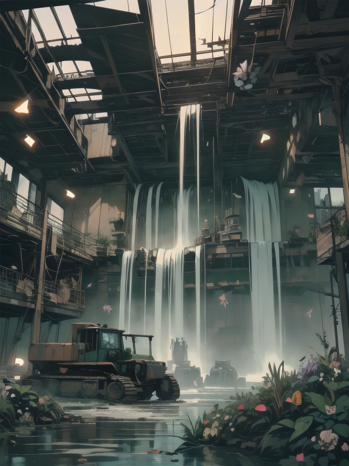 Detailed Machinery、Abandoned Factory、Atrium、(((Black flower garden)))、(((Rusty heavy equipment)))、Gorgeous light leaks、(((Sunset)))、fog、Detailed Background、Highest quality、(((No humans)))、Broken heavy machinery、Complex heavy machinery、Faint lighting、(((Fluttering black petals)))、sunset、(((Dull colors)))、(((Rusty detailed heavy machinery)))、(((Many black flowers fly)))、(((Heavy machinery covered in flowers)))、(((Lots of butterflies)))、(((Abandoned Garage)))、(((Submersion)))、(((waterfall from the ceiling)))、(((Heavy machinery falls over a waterfall))))